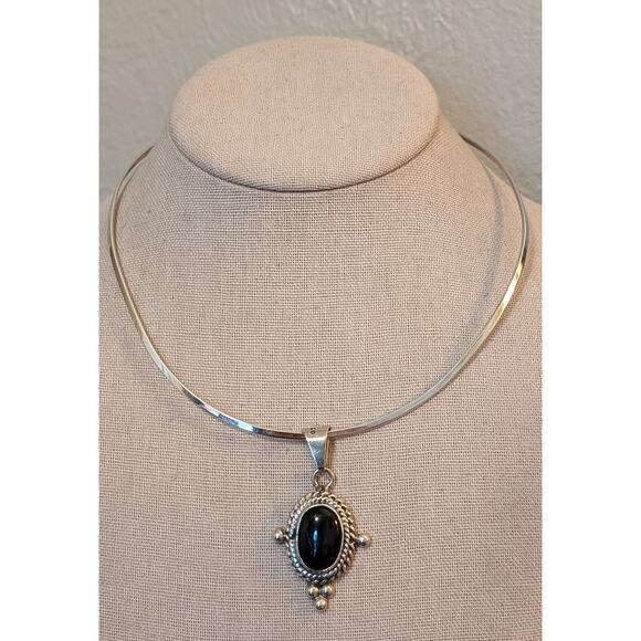 Vintage Handmade Mexico 925 Black Onyx Sterling Silver Hook Collar Necklace - Picture 1 of 8